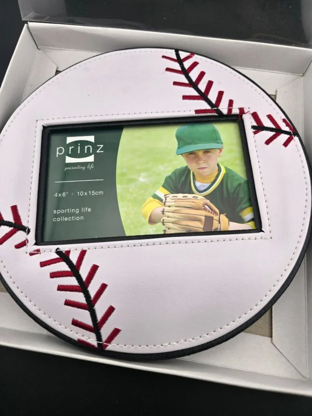 NWB 4x6 Baseball Photo Frame By Prinz Sporting Life White & Red Stitches Design